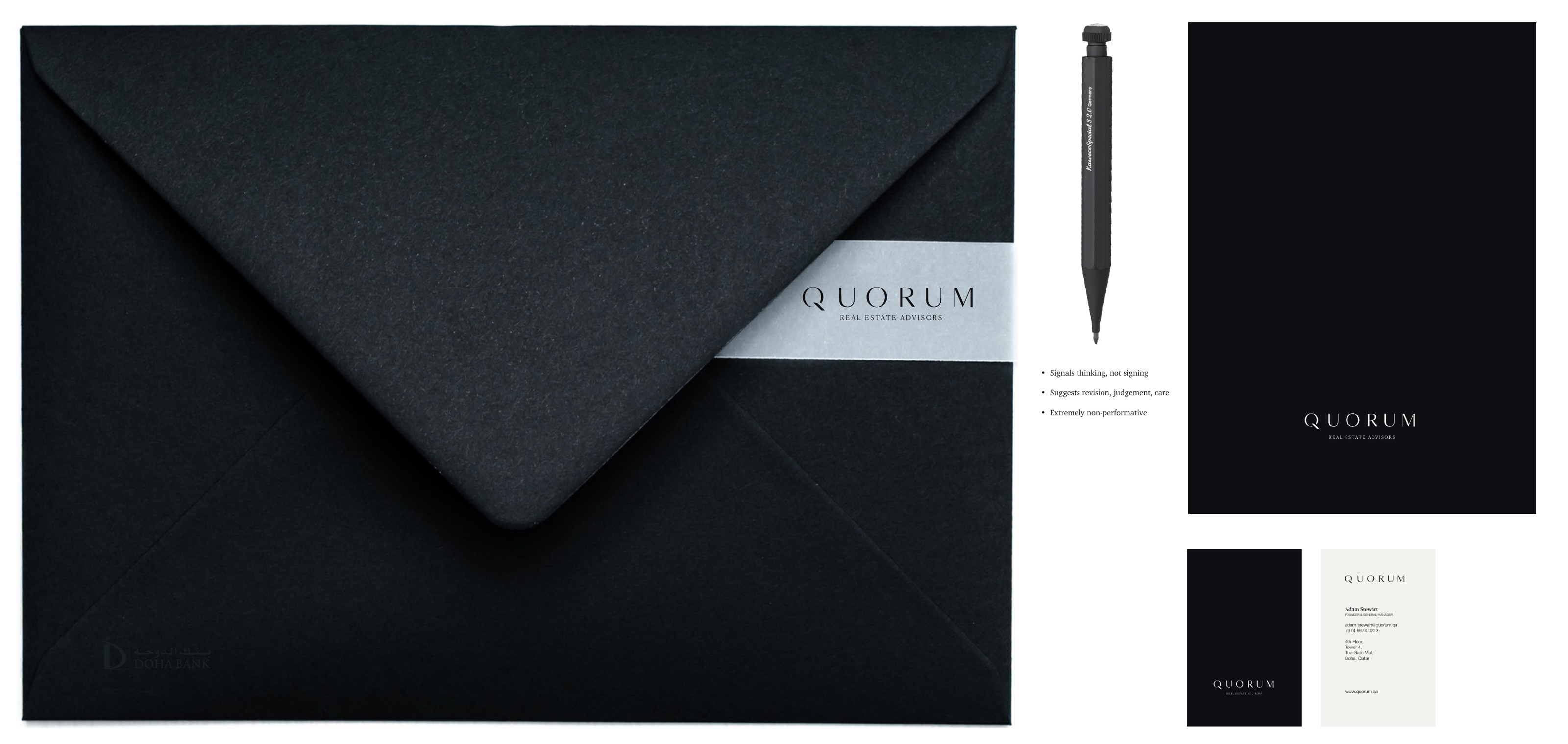 QUORUM envelope, pencil, publication and business cards
